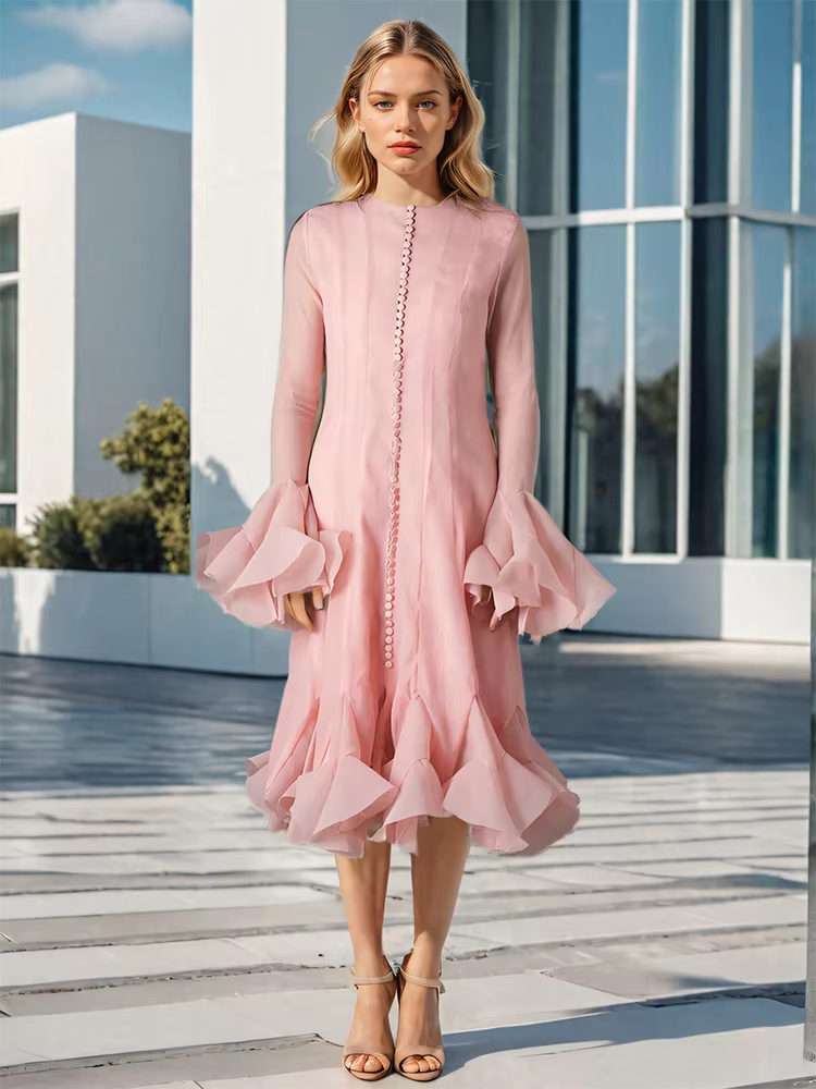 Casual Round Neck Button Flare Sleeves Ruffles Mid-calf