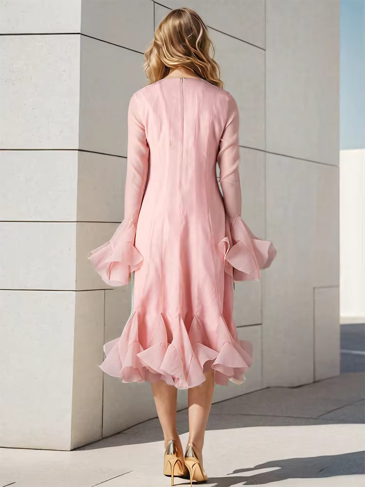 Casual Round Neck Button Flare Sleeves Ruffles Mid-calf