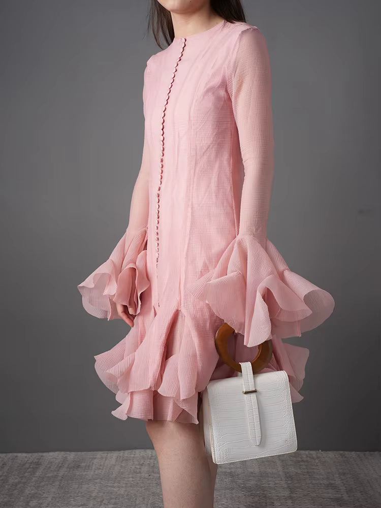 Casual Round Neck Button Flare Sleeves Ruffles Mid-calf
