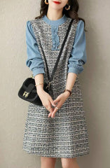 Casual Round Neck Lace Pleated Button Spliced Loose Mini Dress