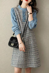 Casual Round Neck Lace Pleated Button Spliced Loose Mini Dress