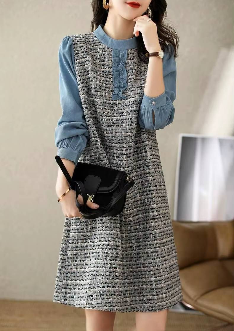 Casual Round Neck Lace Pleated Button Spliced Loose Mini Dress
