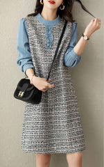 Casual Round Neck Lace Pleated Button Spliced Loose Mini Dress