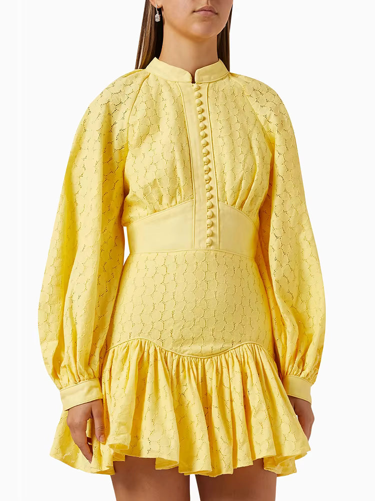 Casual Round Neck Lantern Sleeve High Waist Solid Patchwork Slimming Mini Dresses