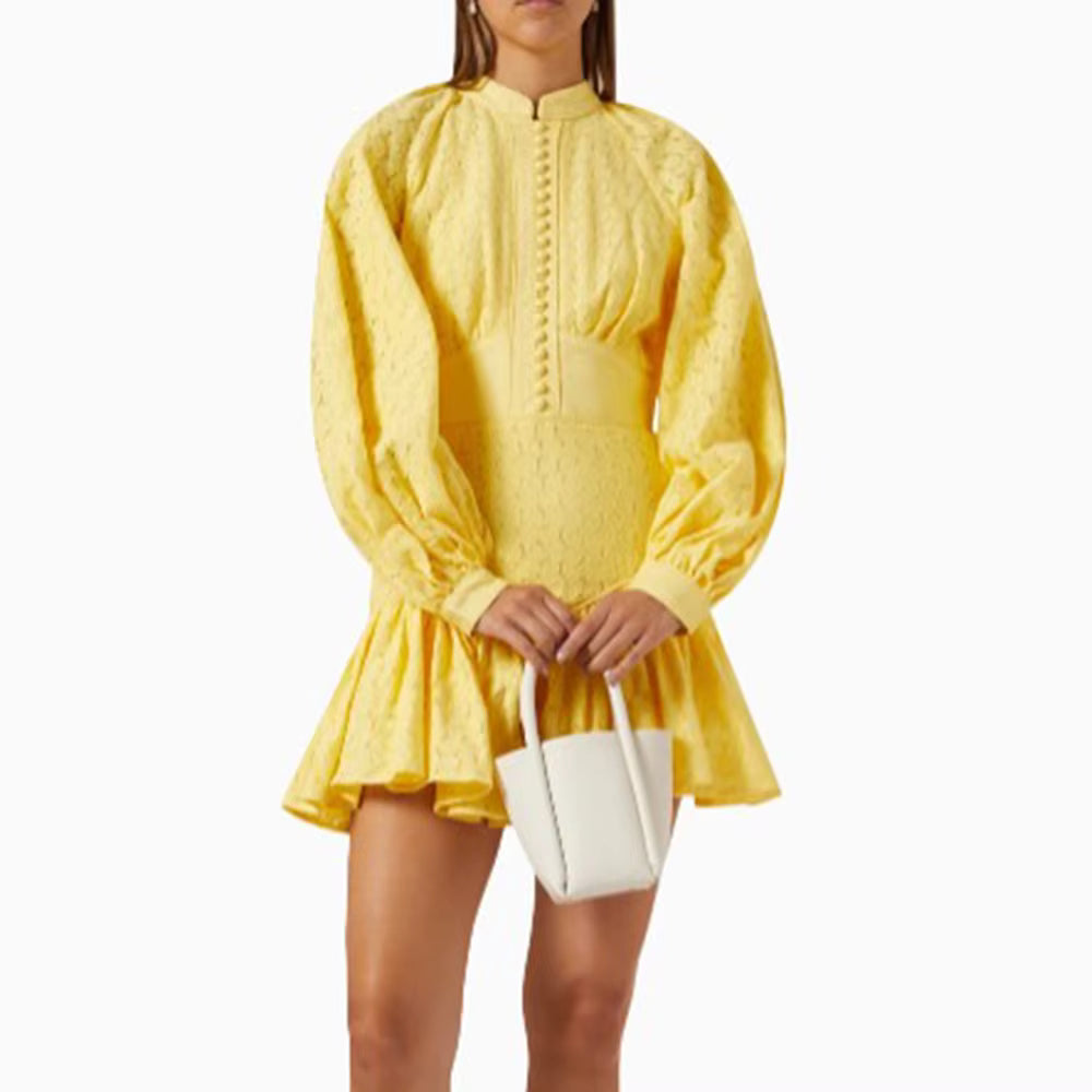 Casual Round Neck Lantern Sleeve High Waist Solid Patchwork Slimming Mini Dresses