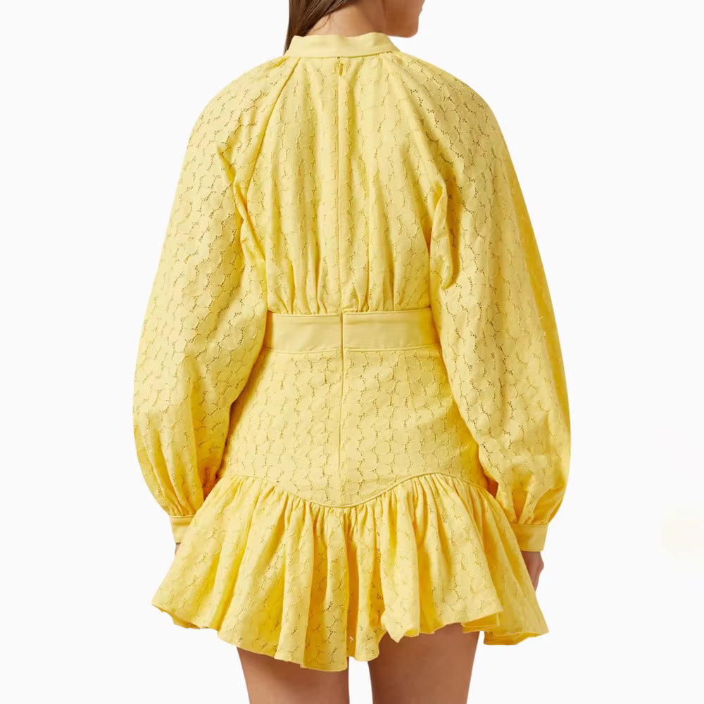 Casual Round Neck Lantern Sleeve High Waist Solid Patchwork Slimming Mini Dresses