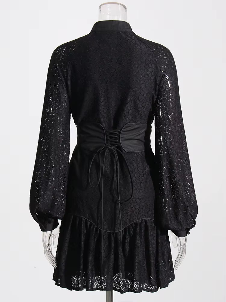 Casual Round Neck Lantern Sleeve High Waist Solid Patchwork Slimming Mini Dresses