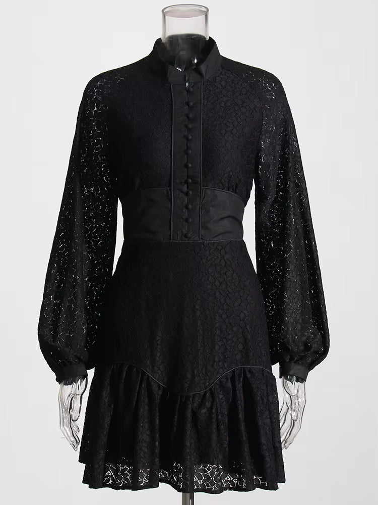 Casual Round Neck Lantern Sleeve High Waist Solid Patchwork Slimming Mini Dresses