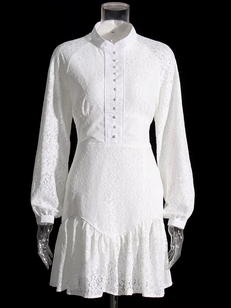Casual Round Neck Lantern Sleeve High Waist Solid Patchwork Slimming Mini Dresses