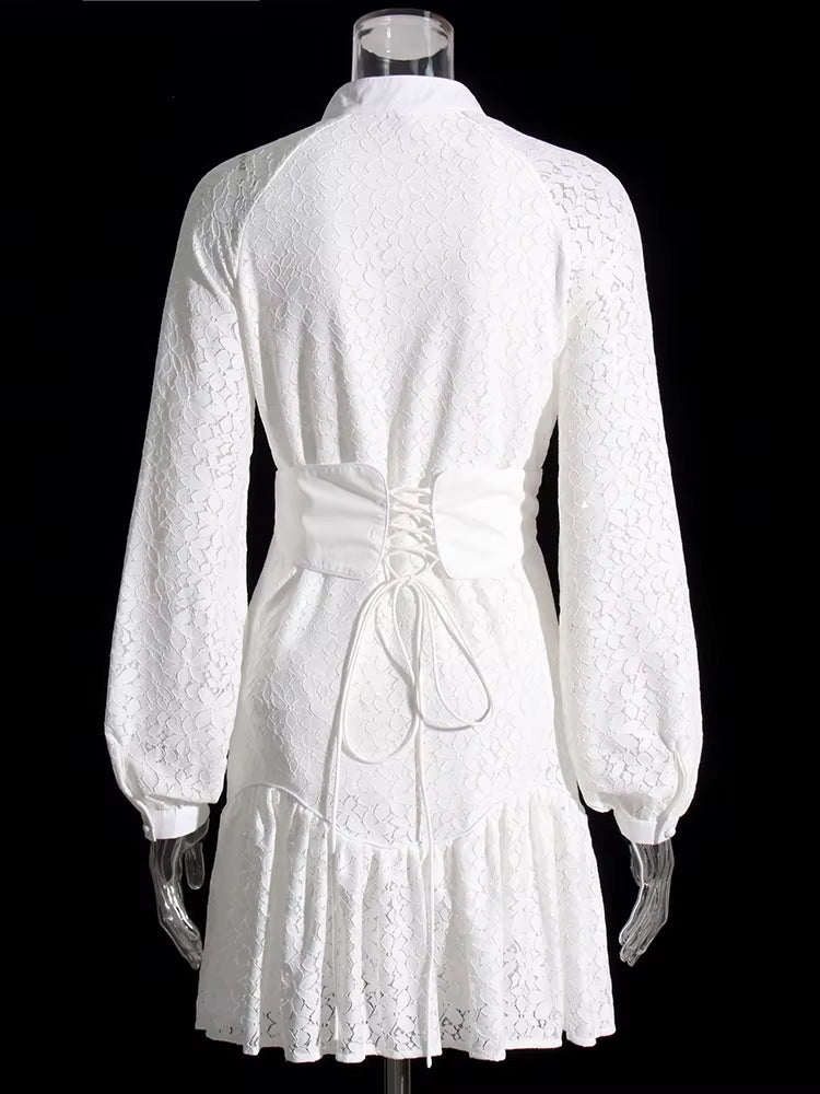 Casual Round Neck Lantern Sleeve High Waist Solid Patchwork Slimming Mini Dresses