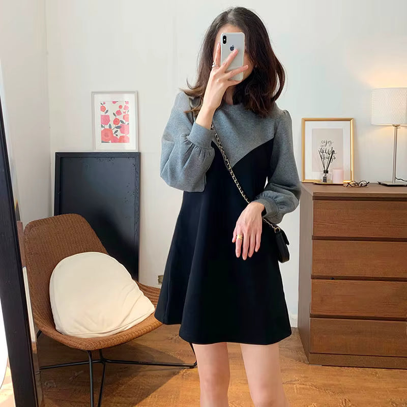 Casual Round Neck Lantern Sleeve Patchwork Loose Mini Dress Two-piece Set
