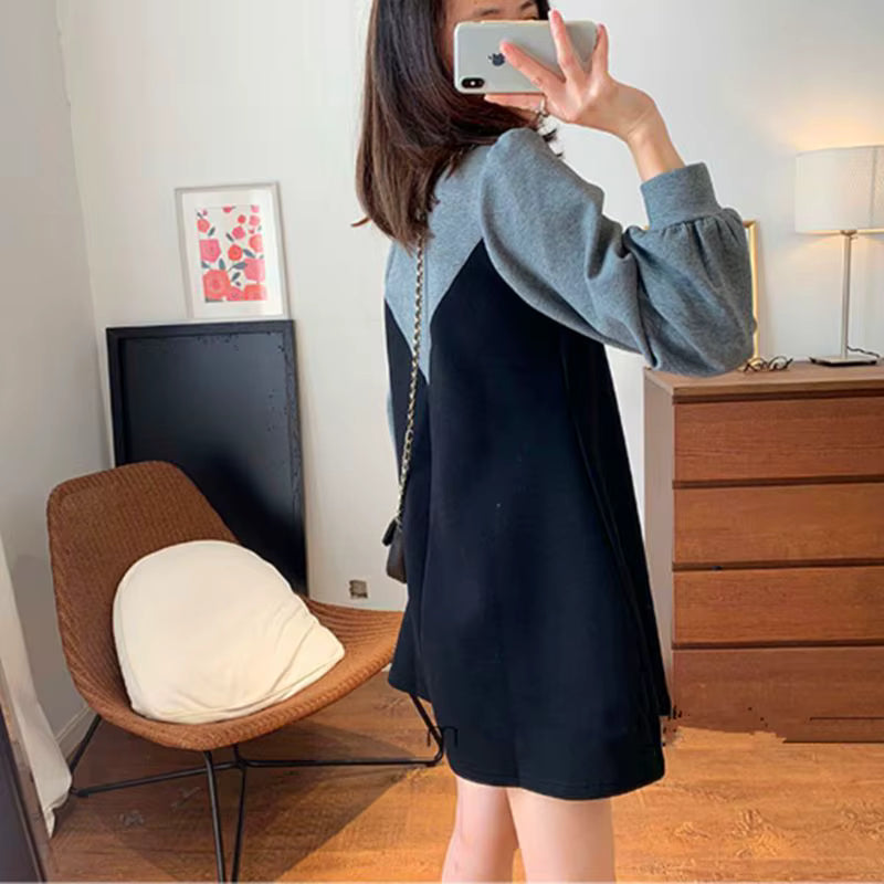 Casual Round Neck Lantern Sleeve Patchwork Loose Mini Dress Two-piece Set