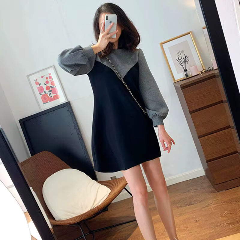 Casual Round Neck Lantern Sleeve Patchwork Loose Mini Dress Two-piece Set