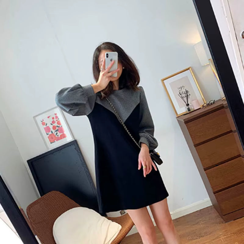 Casual Round Neck Lantern Sleeve Patchwork Loose Mini Dress Two-piece Set
