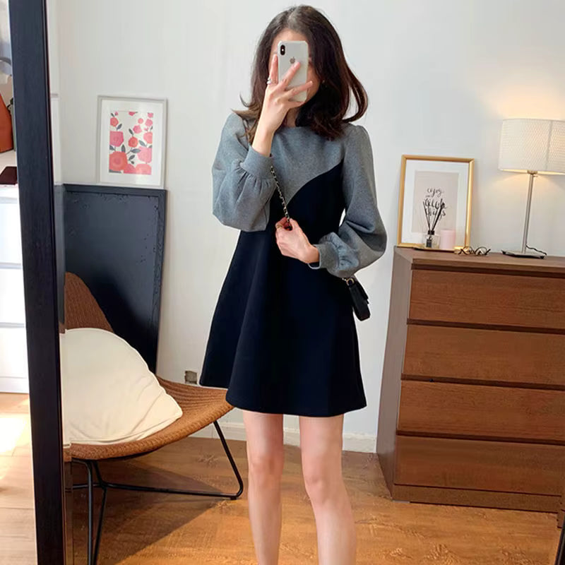 Casual Round Neck Lantern Sleeve Patchwork Loose Mini Dress Two-piece Set