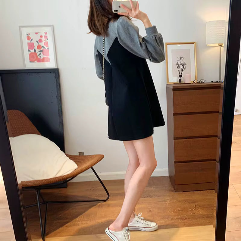 Casual Round Neck Lantern Sleeve Patchwork Loose Mini Dress Two-piece Set
