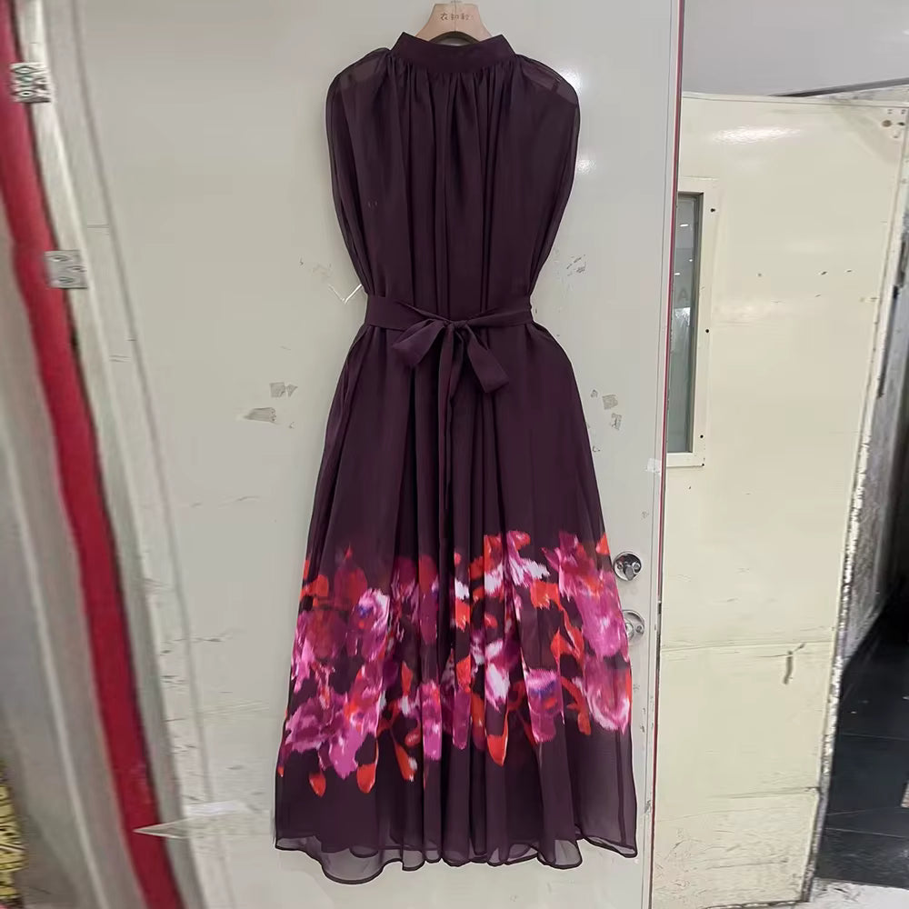 Casual Round Neck Long Sleeves Patchwork Printing Solid Maxi Dress