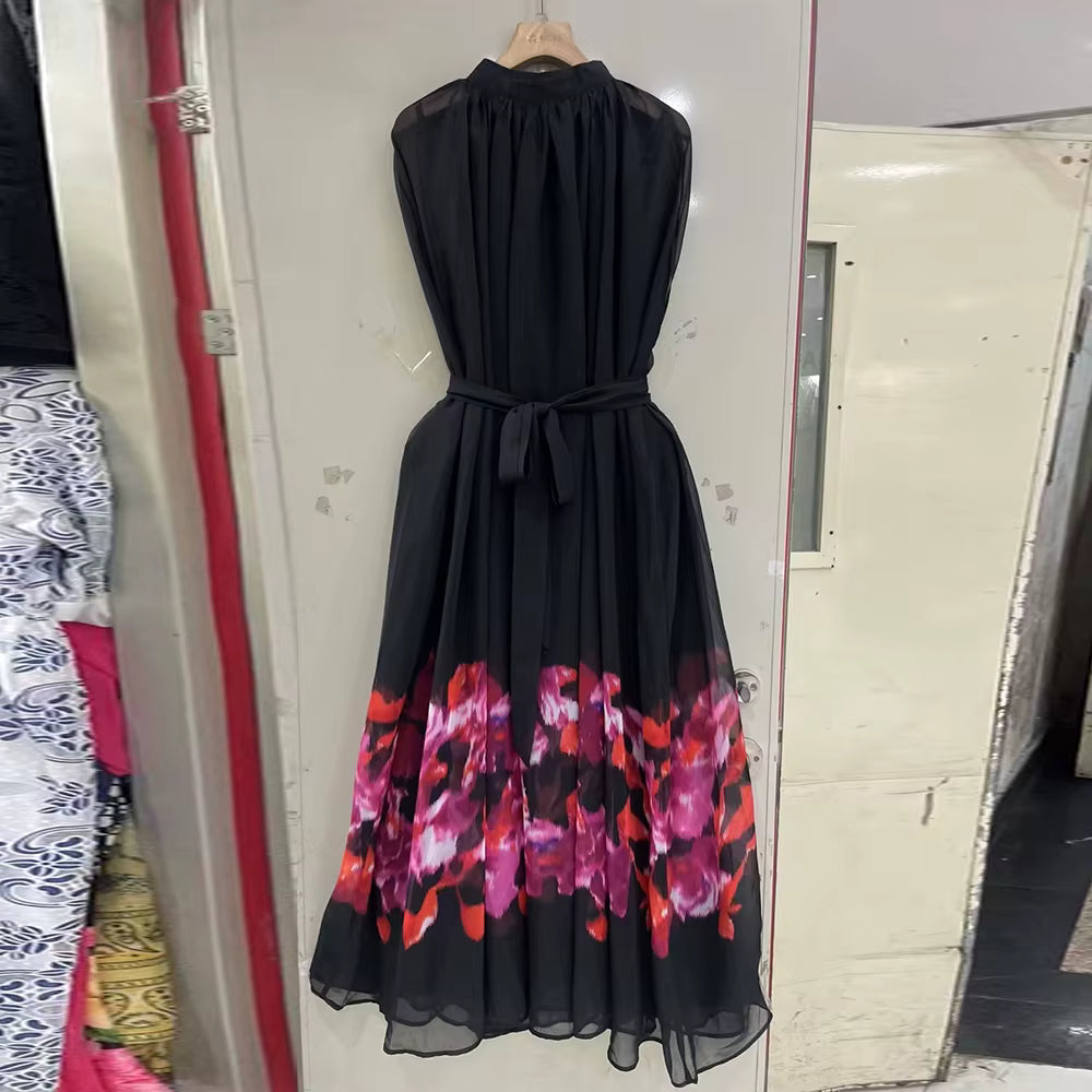 Casual Round Neck Long Sleeves Patchwork Printing Solid Maxi Dress