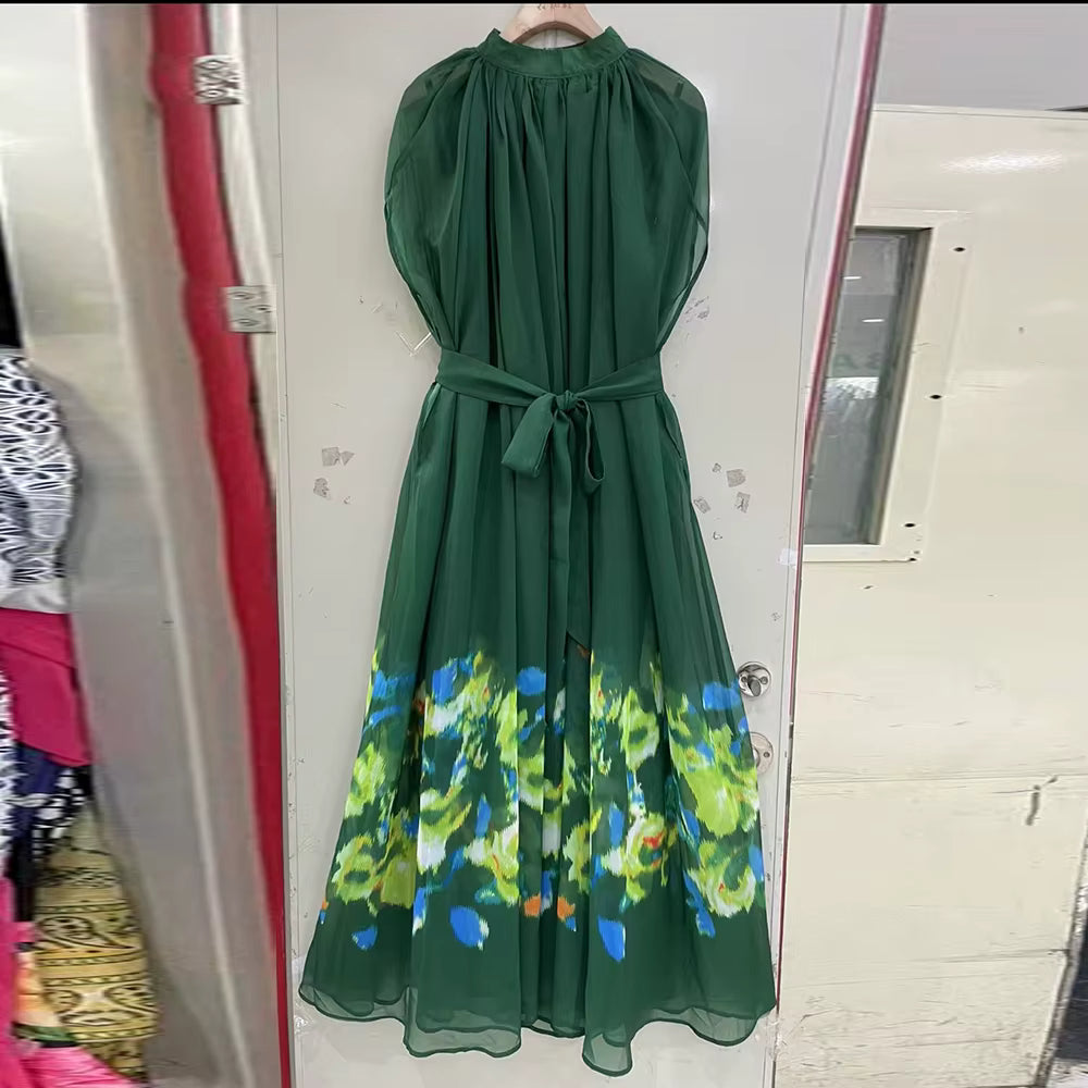 Casual Round Neck Long Sleeves Patchwork Printing Solid Maxi Dress