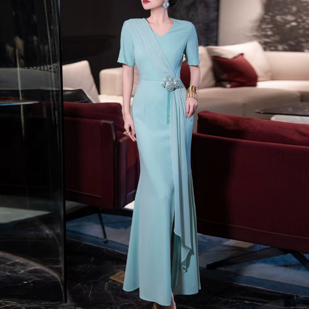 Casual Round Neck Short Sleeve High Waist Patchwork Folds Solid Spliced Appliques Maxi Dresses