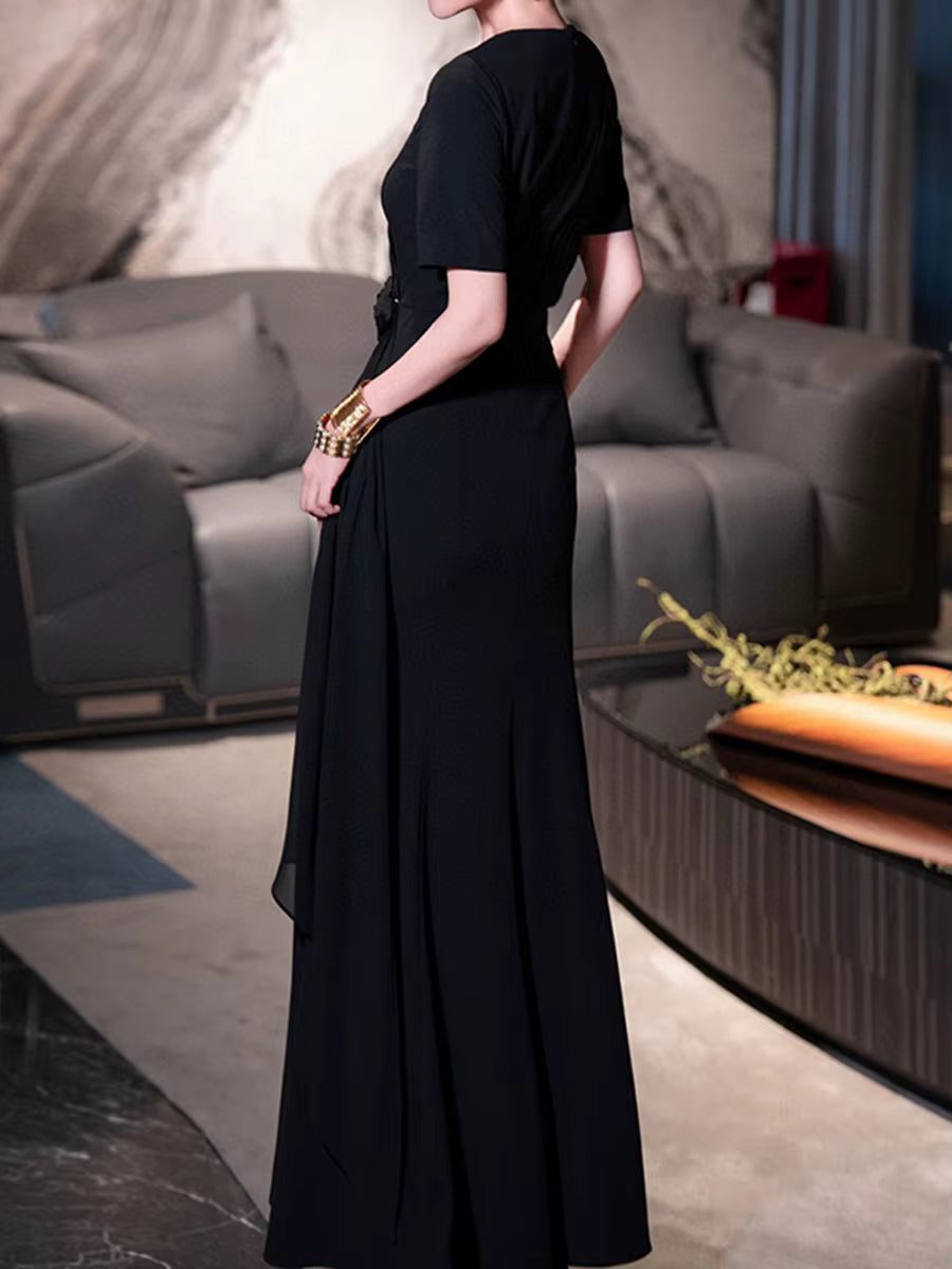Casual Round Neck Short Sleeve High Waist Patchwork Folds Solid Spliced Appliques Maxi Dresses
