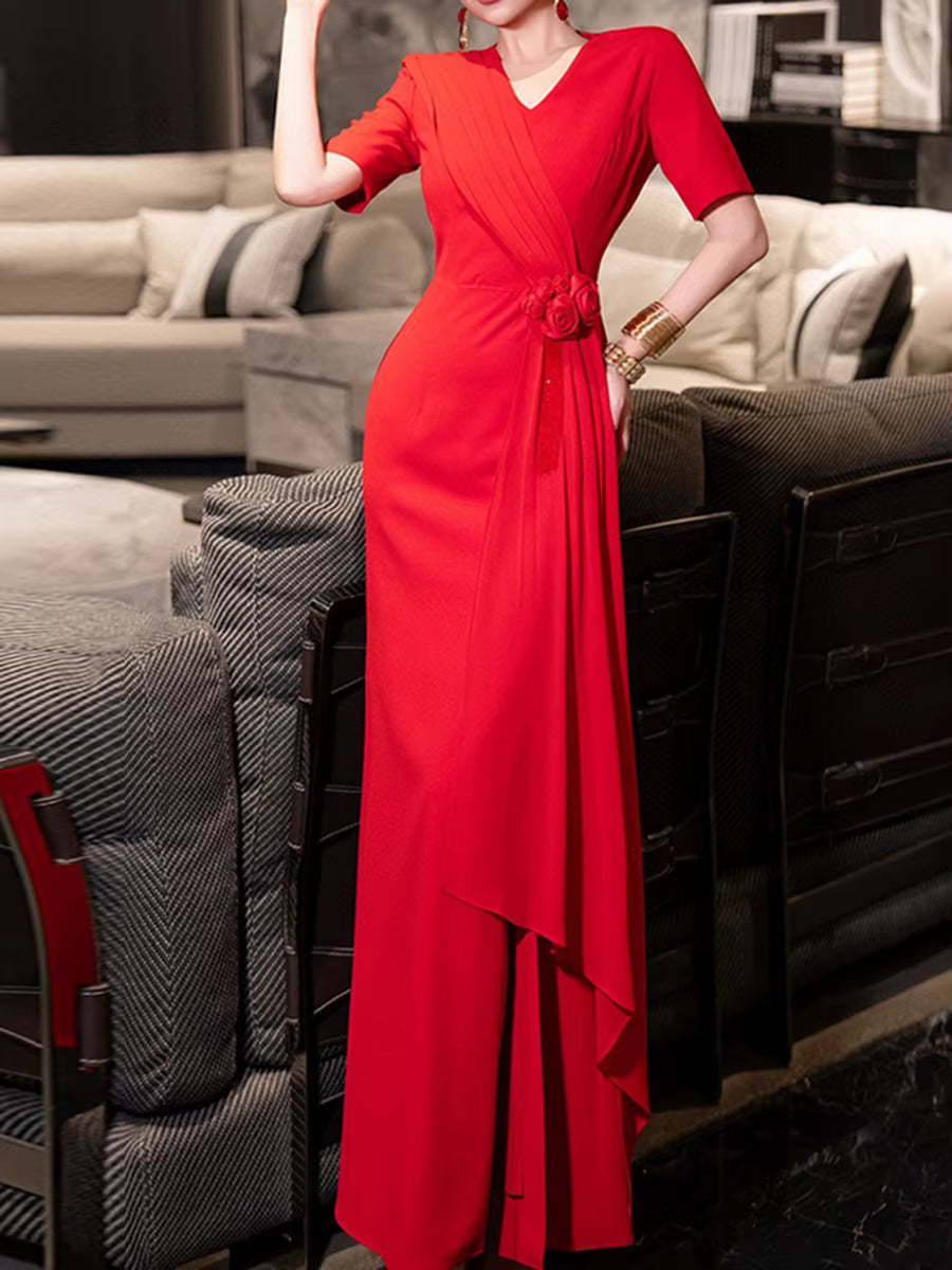 Casual Round Neck Short Sleeve High Waist Patchwork Folds Solid Spliced Appliques Maxi Dresses