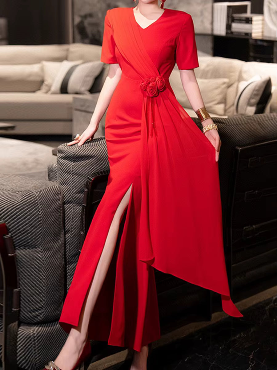 Casual Round Neck Short Sleeve High Waist Patchwork Folds Solid Spliced Appliques Maxi Dresses