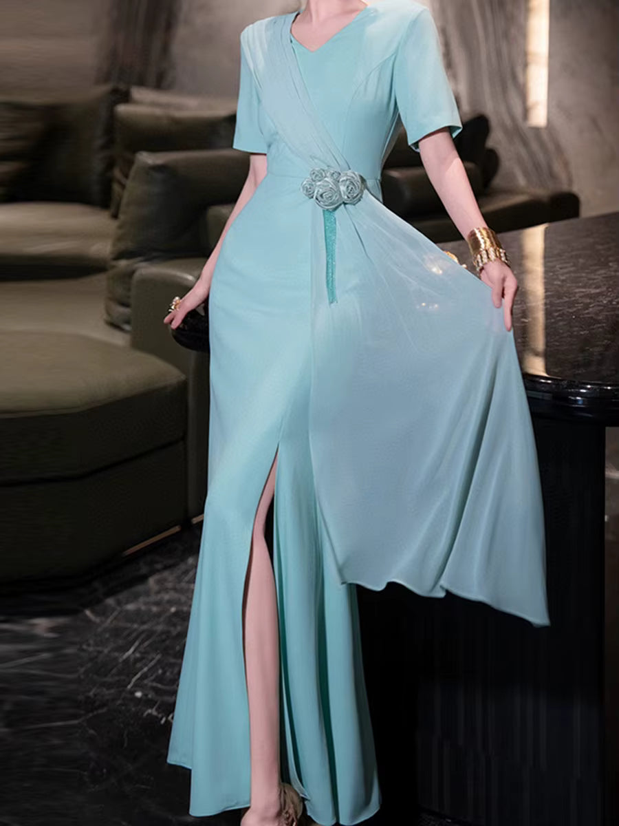 Casual Round Neck Short Sleeve High Waist Patchwork Folds Solid Spliced Appliques Maxi Dresses