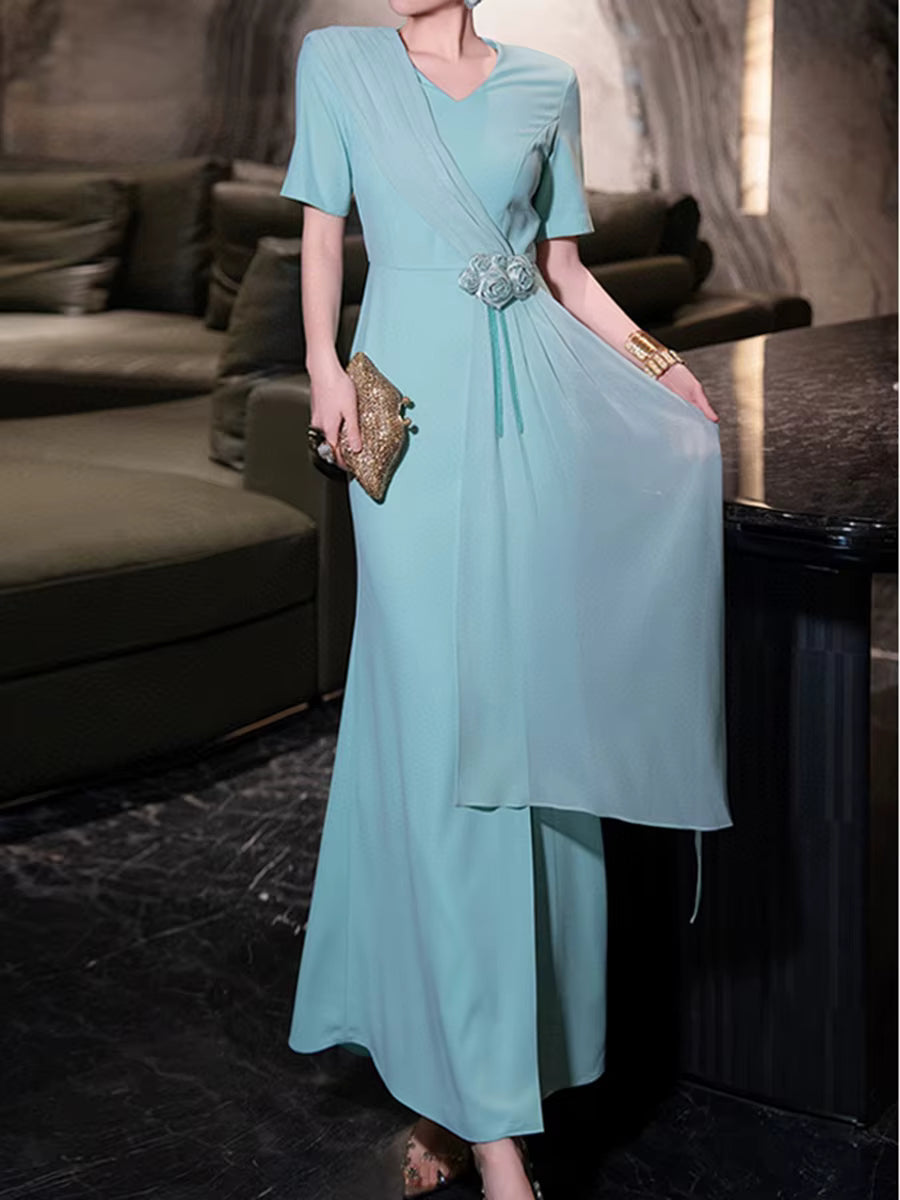 Casual Round Neck Short Sleeve High Waist Patchwork Folds Solid Spliced Appliques Maxi Dresses