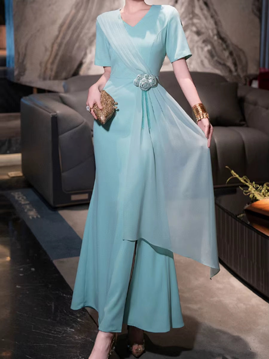 Casual Round Neck Short Sleeve High Waist Patchwork Folds Solid Spliced Appliques Maxi Dresses