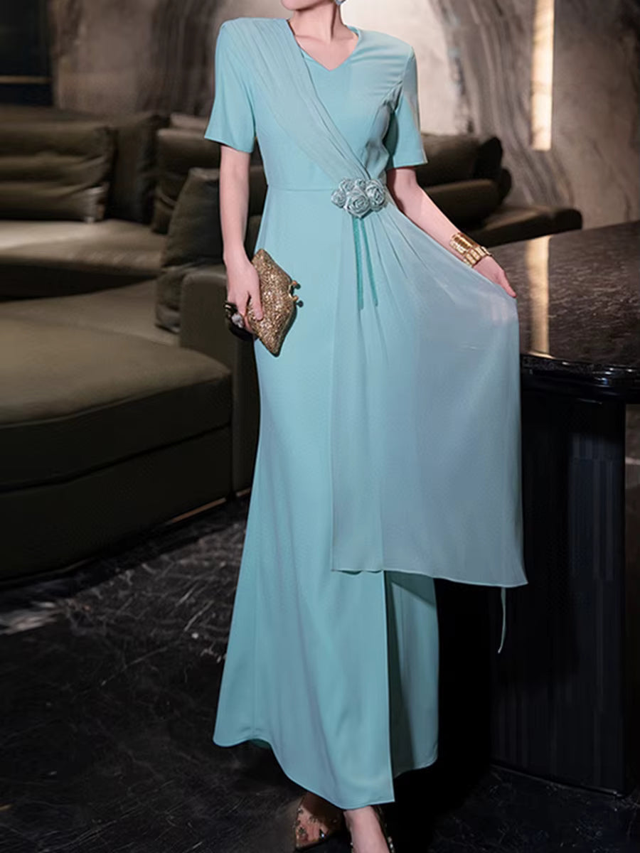 Casual Round Neck Short Sleeve High Waist Patchwork Folds Solid Spliced Appliques Maxi Dresses