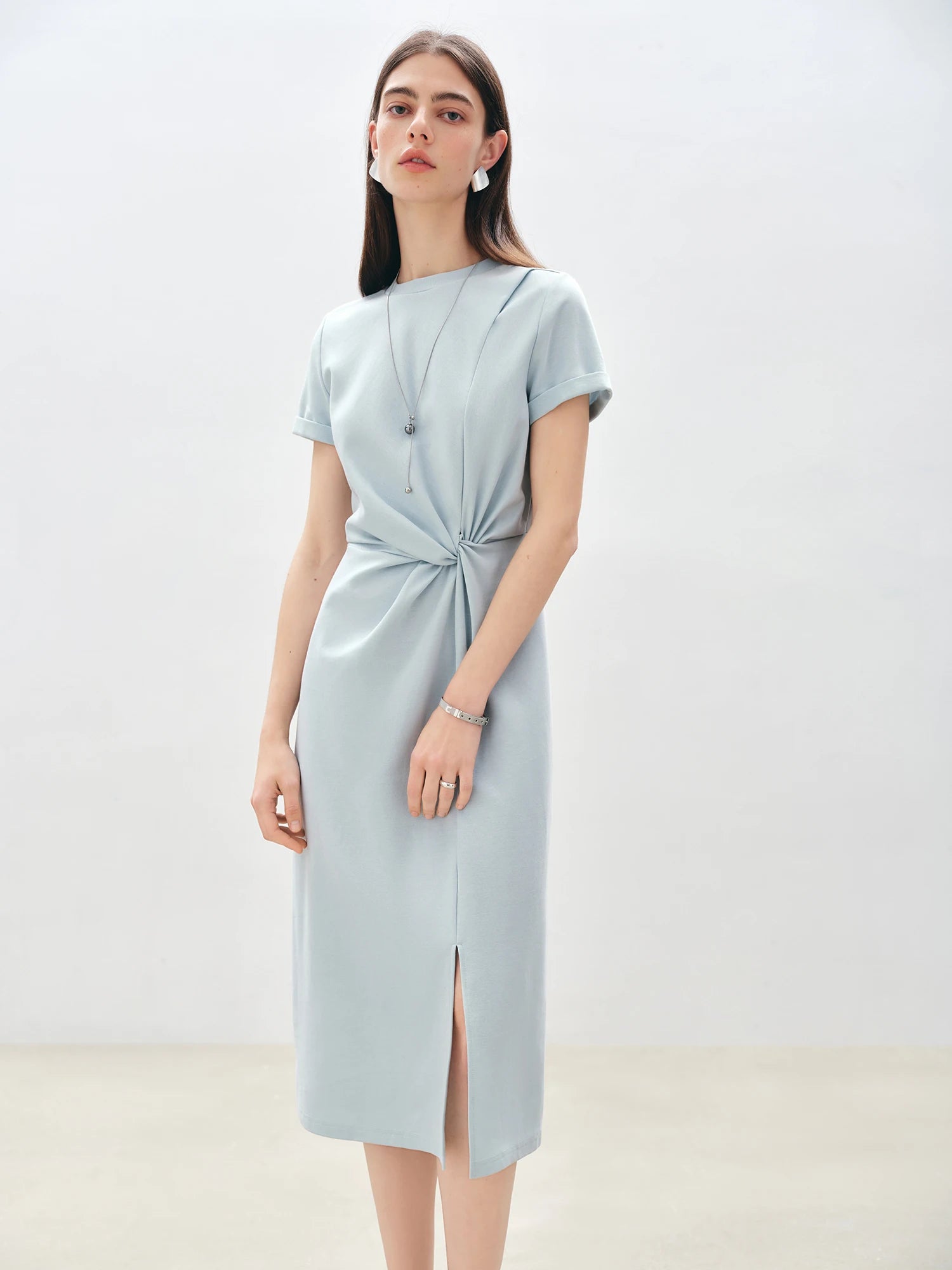 Casual Round Neck Short Sleeve Mid-Calf Solid Long Dresses