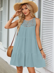 Casual Round Neck Short Sleeved Solid Color Lace Hollow Out Dress