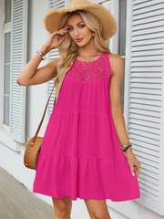 Casual Round Neck Short Sleeved Solid Color Lace Hollow Out Dress