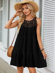 Casual Round Neck Short Sleeved Solid Color Lace Hollow Out Dress
