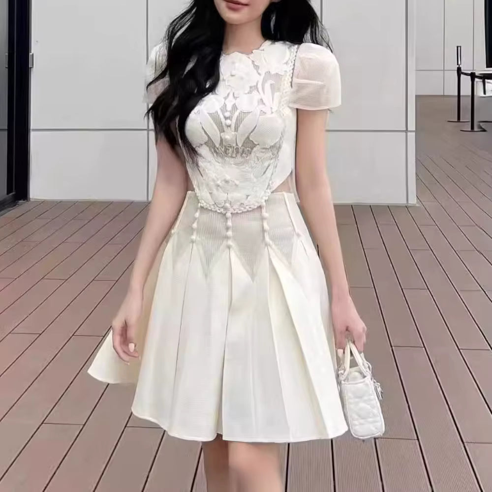 Casual Round Neck Short Sleeves Patchwork Embroidery Mini Dress