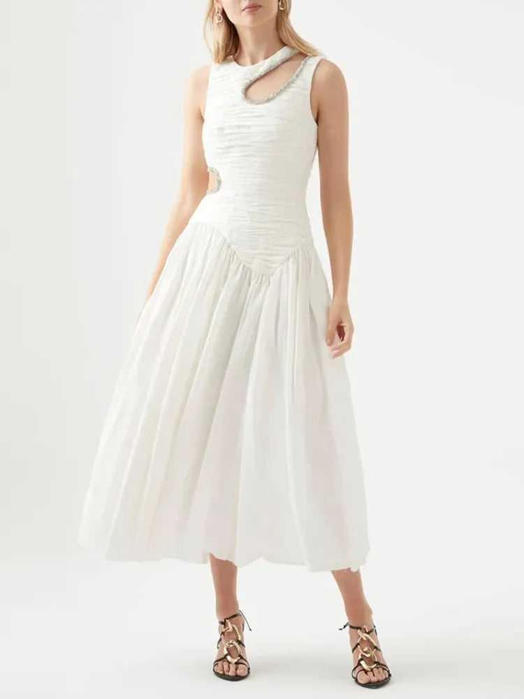 Luxury Round Neck Sleeveless Off Shoulder Hollow Out High Pleated Dress