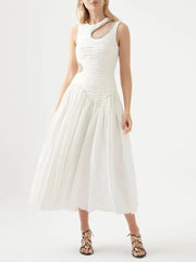 Luxury Round Neck Sleeveless Off Shoulder Hollow Out High Pleated Dress