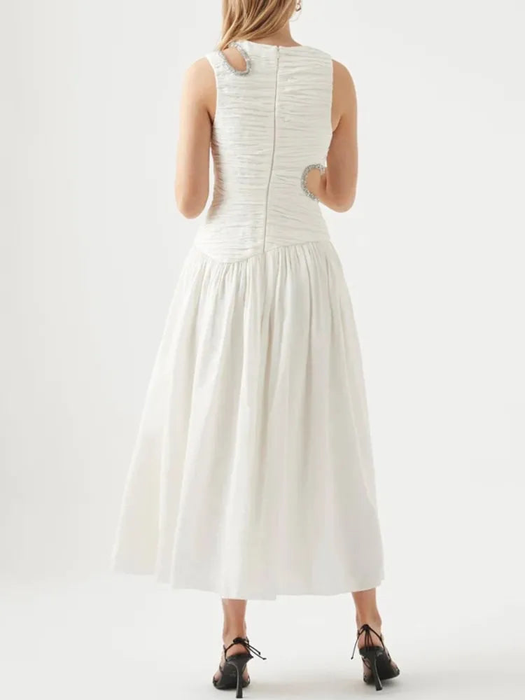 Luxury Round Neck Sleeveless Off Shoulder Hollow Out High Pleated Dress