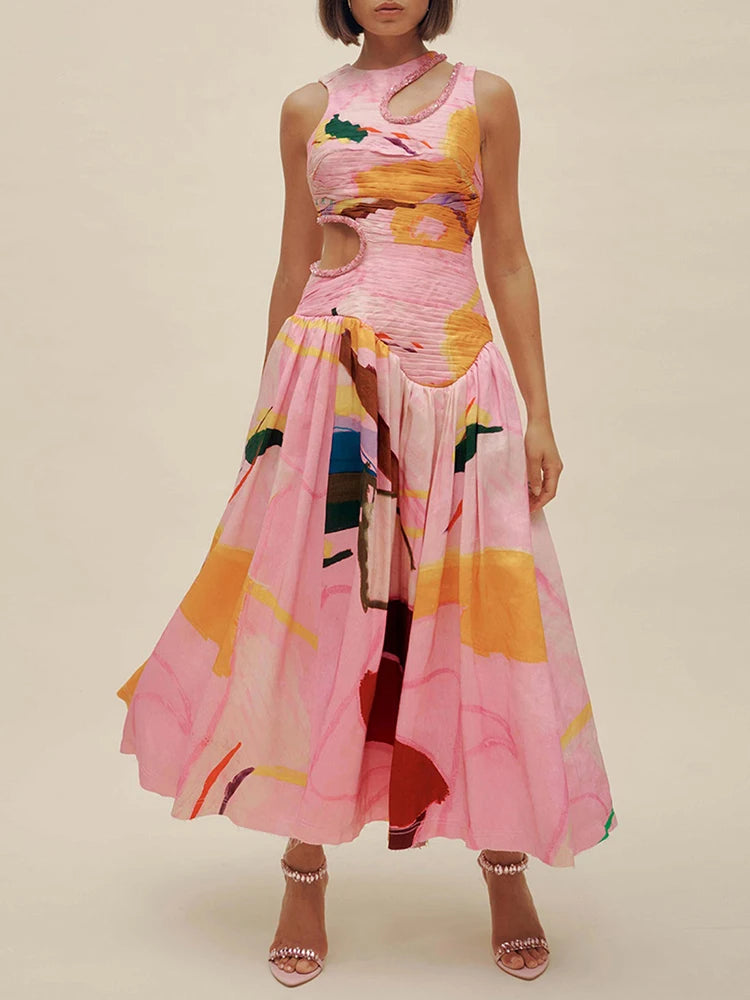Casual Round Neck Sleeveless Off Shoulder Hollow Out High Pleated Dress
