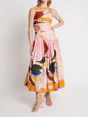 Casual Round Neck Sleeveless Off Shoulder Hollow Out High Pleated Dress
