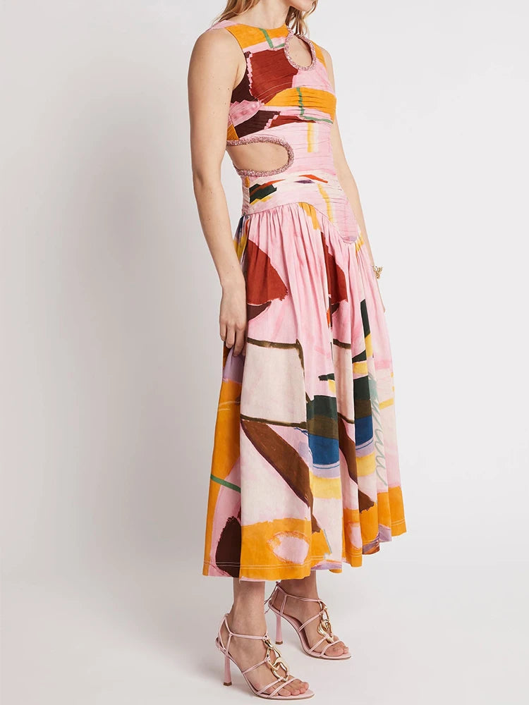 Casual Round Neck Sleeveless Off Shoulder Hollow Out High Pleated Dress