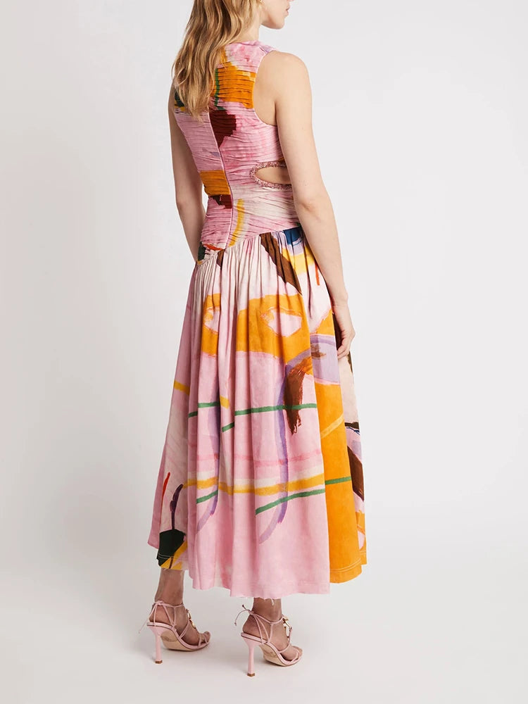 Casual Round Neck Sleeveless Off Shoulder Hollow Out High Pleated Dress