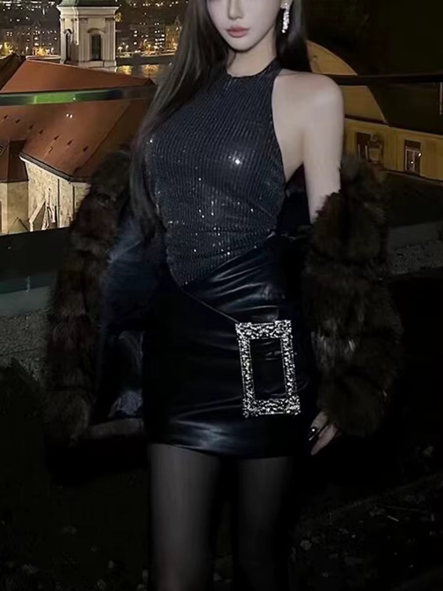 Casual Round Neck Sleeveless Patchwork Diamond Buckle Solid Spliced Mini Dresses