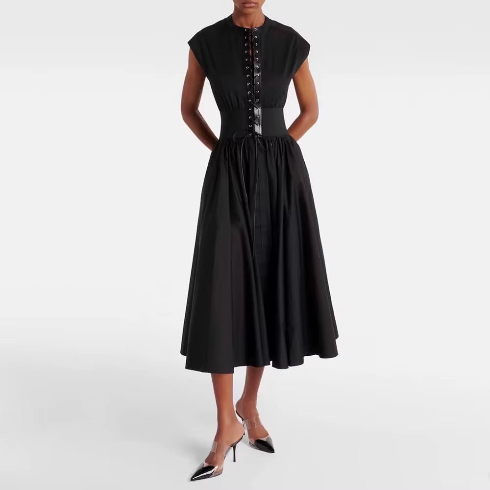 Casual Round Neck Sleeveless Patchwork Folds Solid Lace Up Temperament Midi Dresses