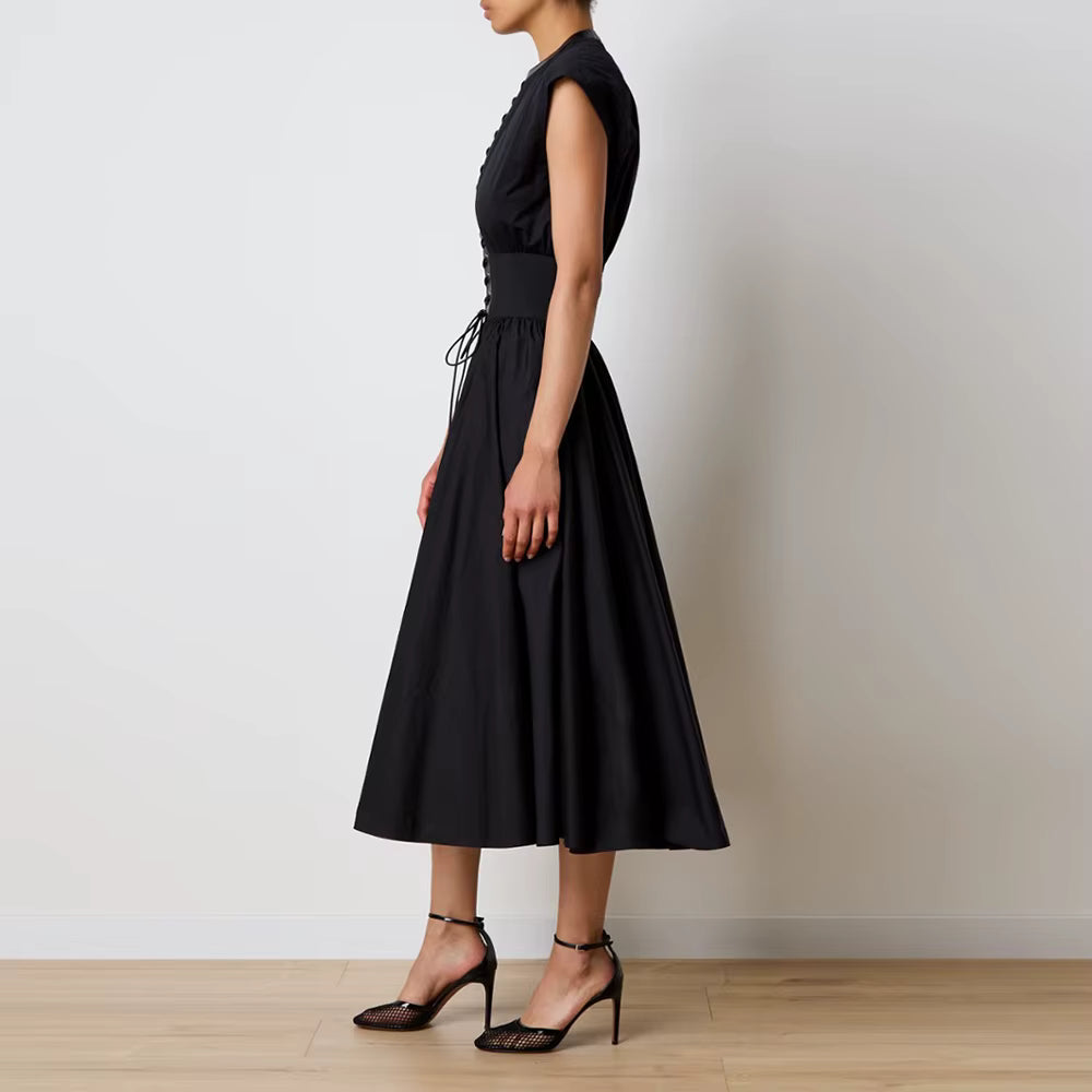 Casual Round Neck Sleeveless Patchwork Folds Solid Lace Up Temperament Midi Dresses