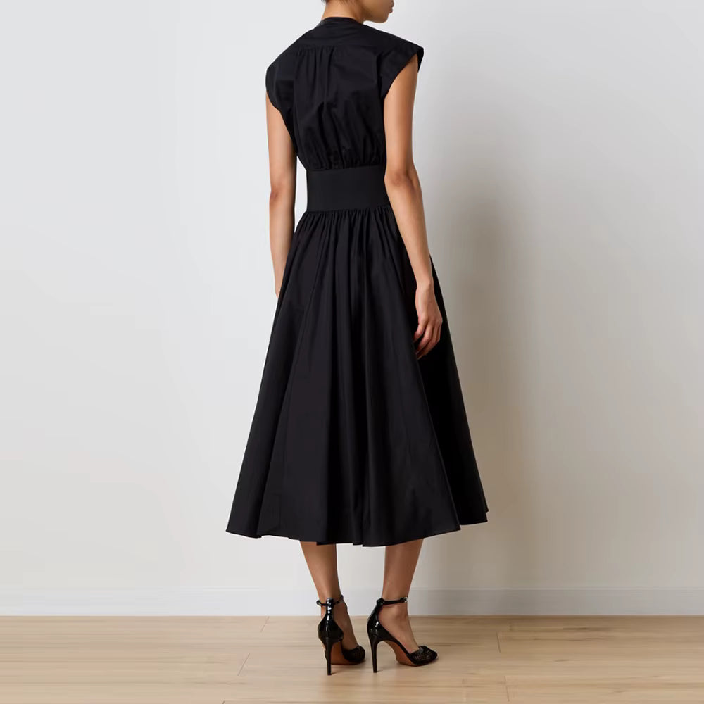 Casual Round Neck Sleeveless Patchwork Folds Solid Lace Up Temperament Midi Dresses