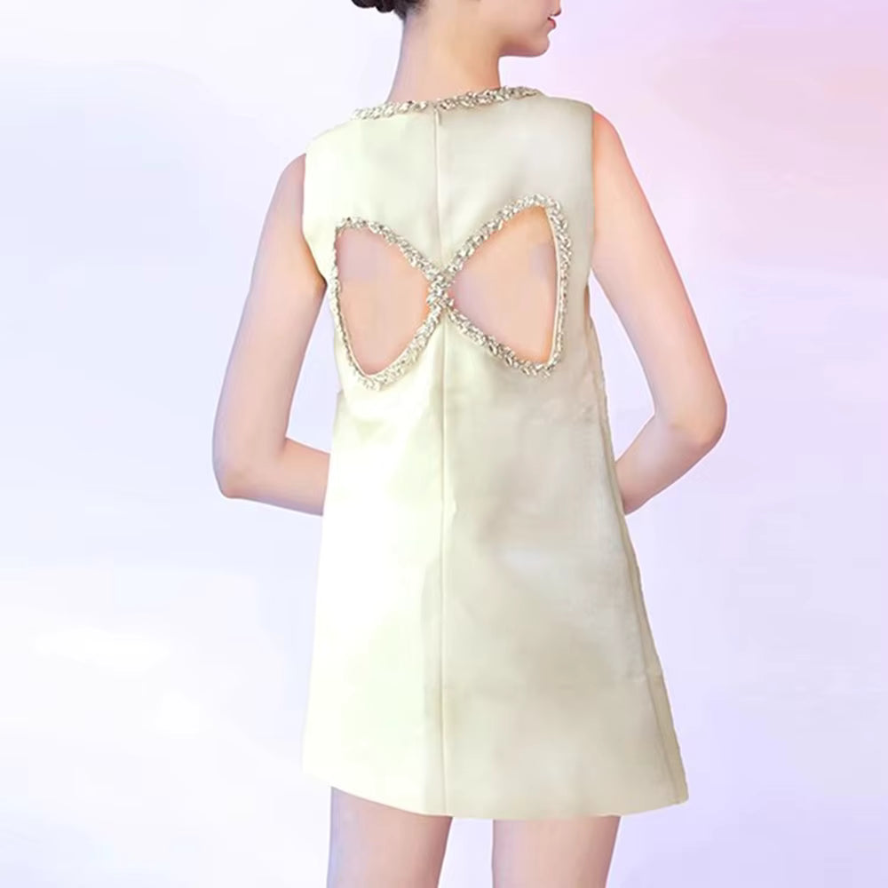 Casual Round Neck Sleeveless Patchwork Hollow Out Bead Mini Dresses