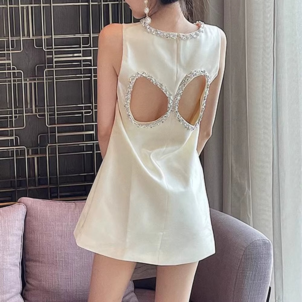 Casual Round Neck Sleeveless Patchwork Hollow Out Bead Mini Dresses