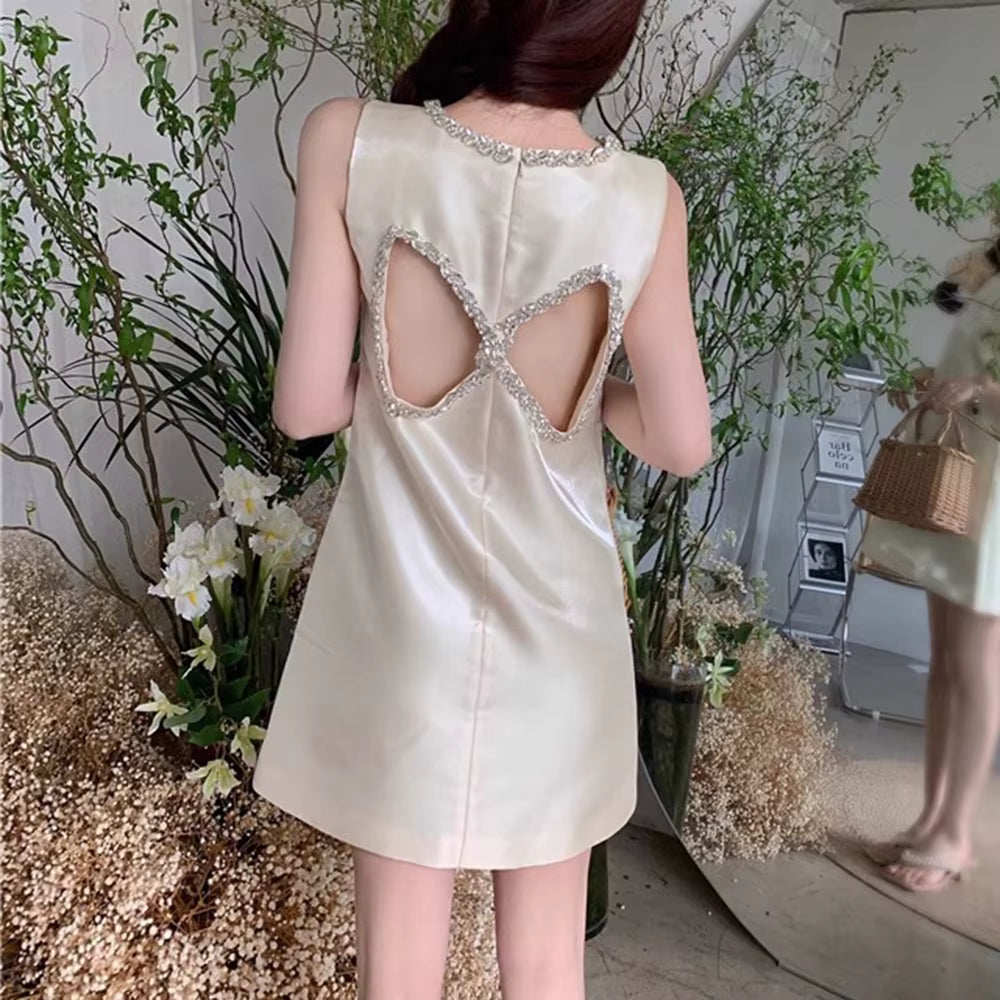 Casual Round Neck Sleeveless Patchwork Hollow Out Bead Mini Dresses
